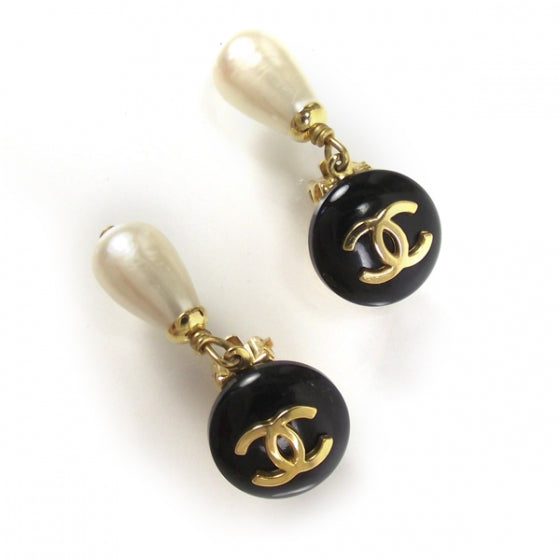 Chanel Faux Pearl Drop Clip On Earrings Black/Gold 1 of 5
