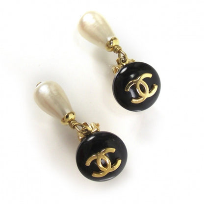 Chanel Faux Pearl Drop Clip On Earrings Black/Gold 1 of 5