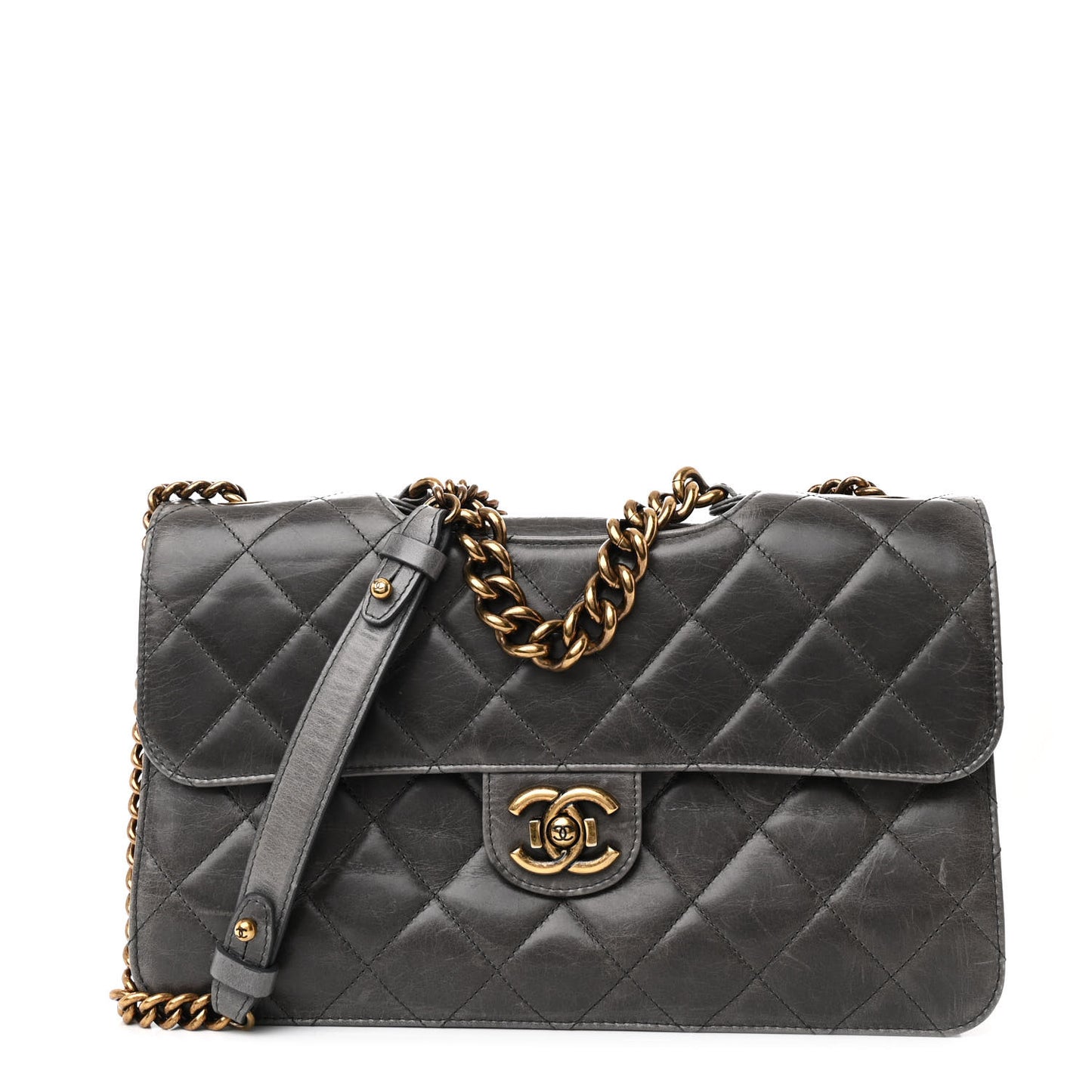 Glazed Calfskin Quilted Large Perfect Edge Flap Grey