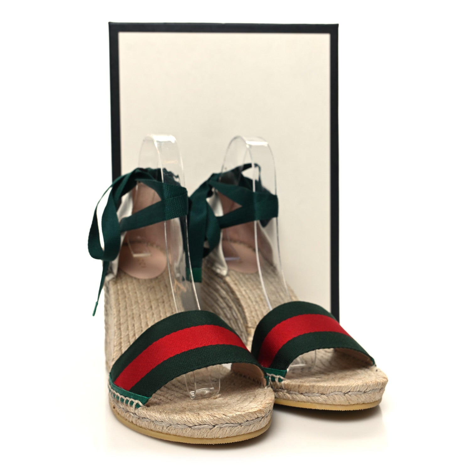 Gucci Canvas Malaga Kid Web Ankle Wrap Espadrille Wedge Sandals Mystic 42 Green Red Mystic White Emerald 10 of 10