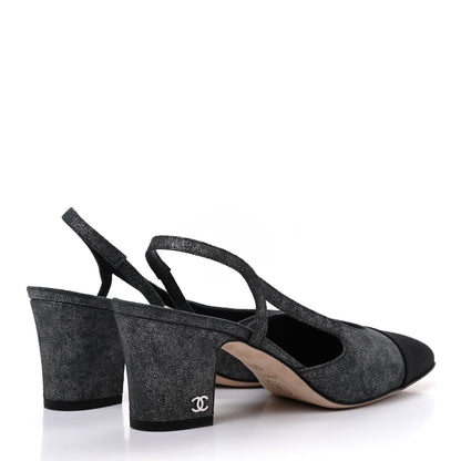 Chanel Lambskin Grosgrain Cap Toe CC Slingback Sandals 35.5 Black Silver 4 of 12