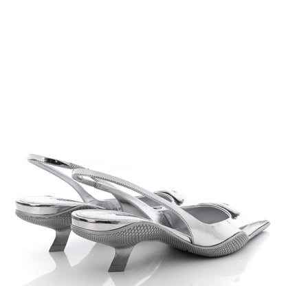 Prada Spazzolato Triangle Logo Pointed Toe 45mm Slingback Pumps 37.5 Argento 4 of 8