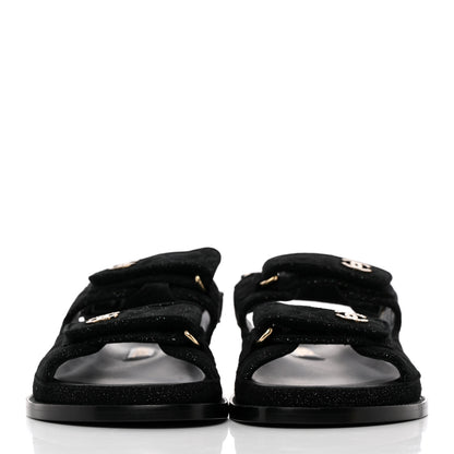 Chanel Suede Kidskin Glitter Crystal Velcro Dad Sandals 39 Black Silver 2 of 18