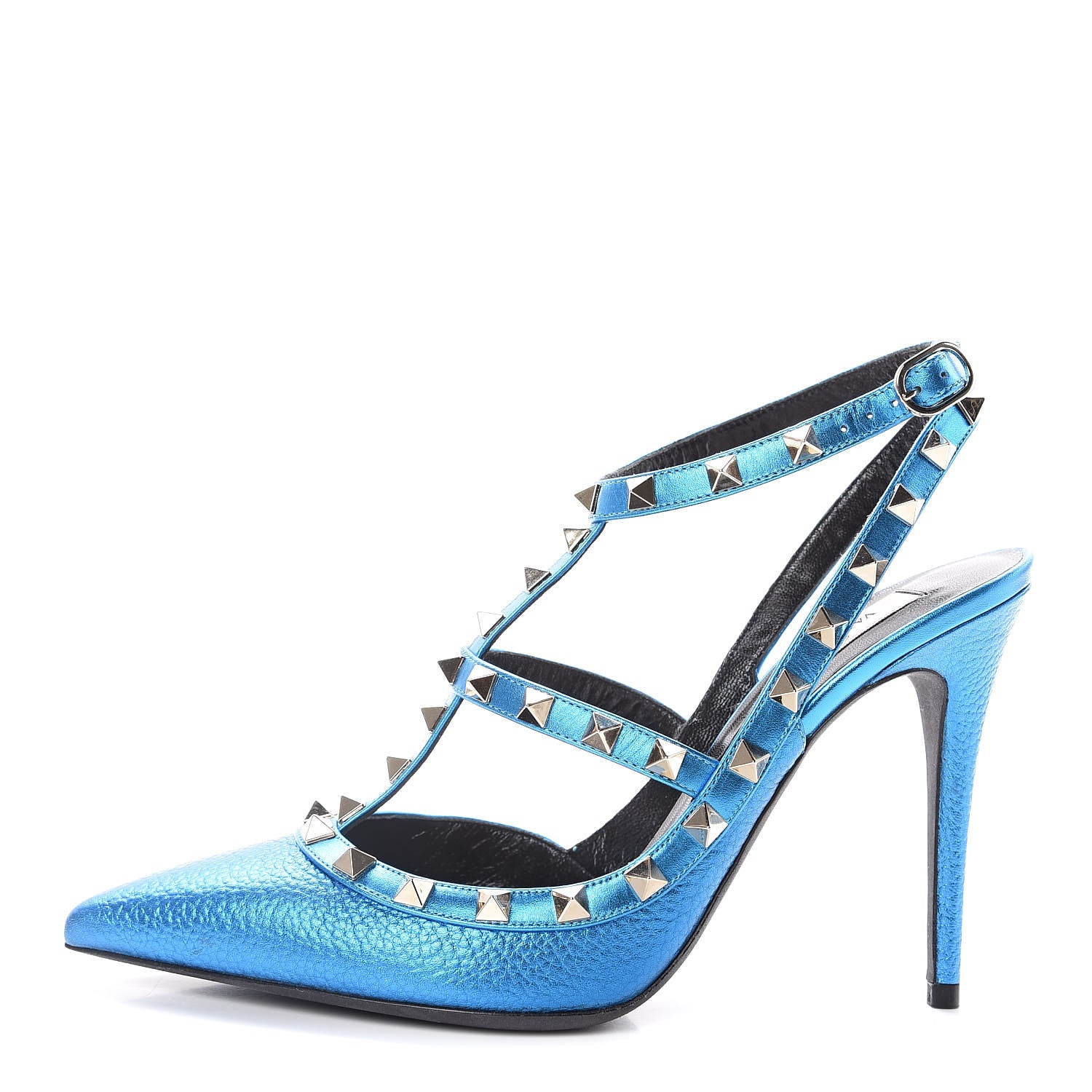 Valentino Garavani Metallic Pebbled Calfskin Rockstud Ankle Strap 100mm Pumps 39 Light Blue 1 of 13