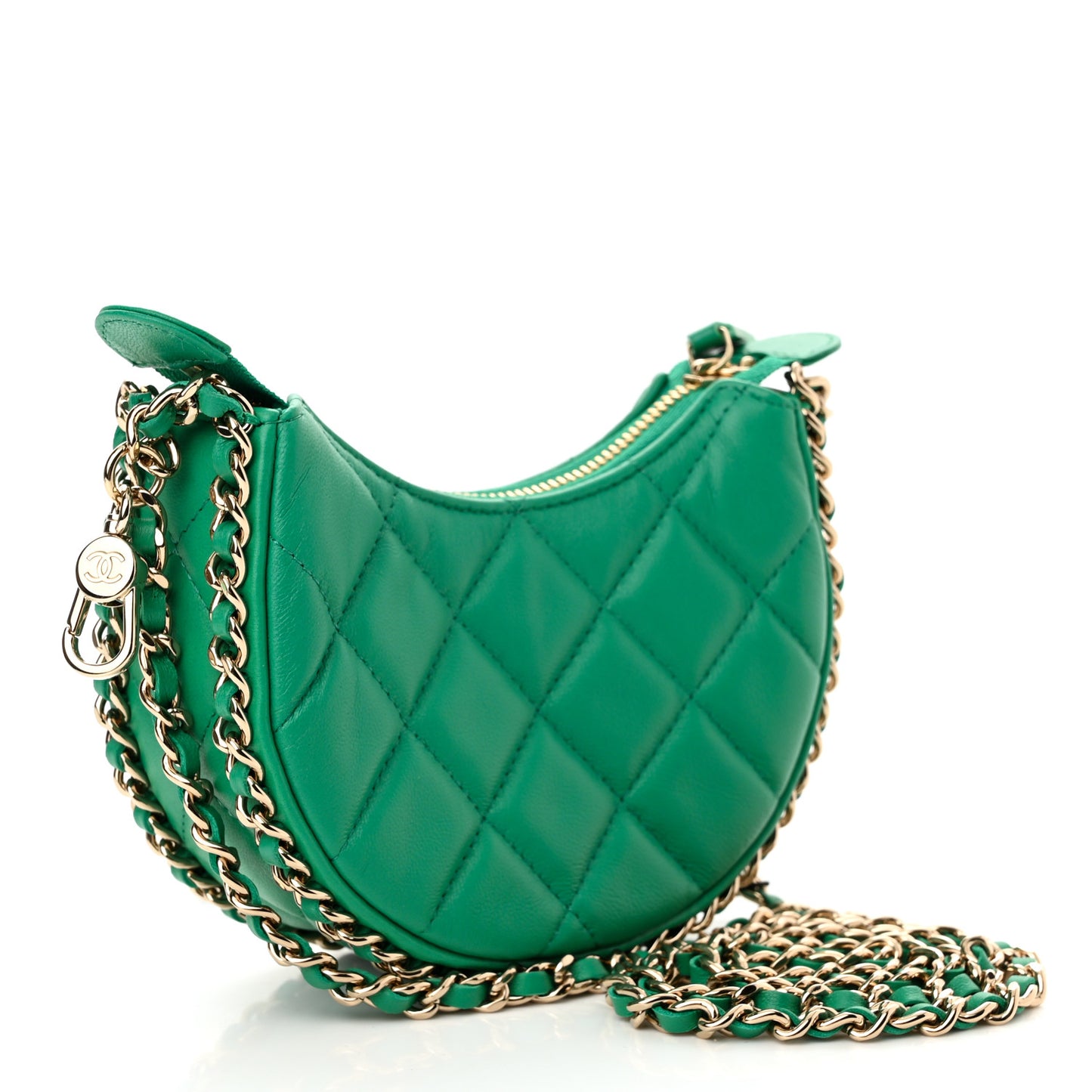 Lambskin Quilted Mini Chain Around Hobo Green