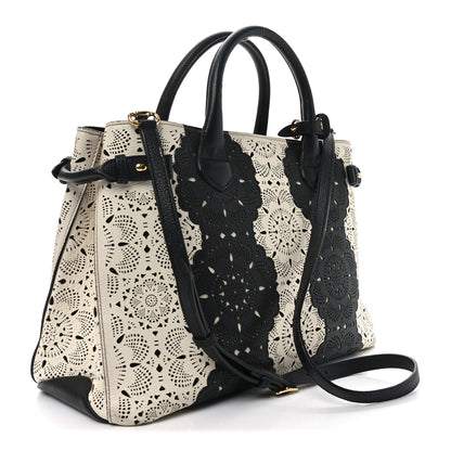 Burberry Grainy Calfskin Perforated Medium Broguing Banner Tote White Black 3 of 10