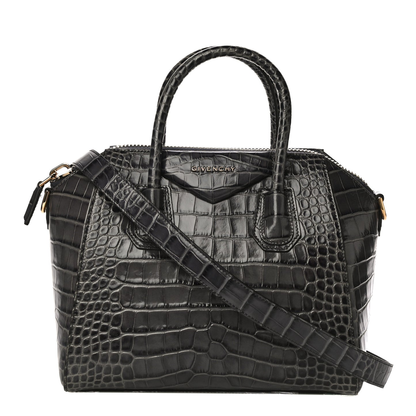 Calfskin Crocodile Embossed Small Antigona Storm Grey