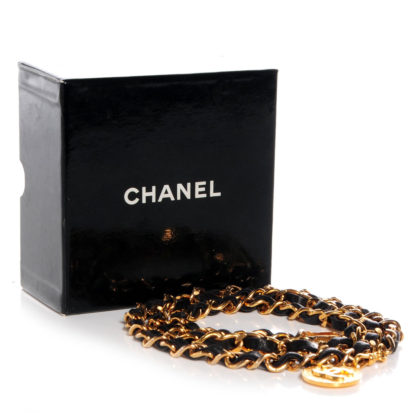 Leather Gold Chain CC Medallion Belt Black