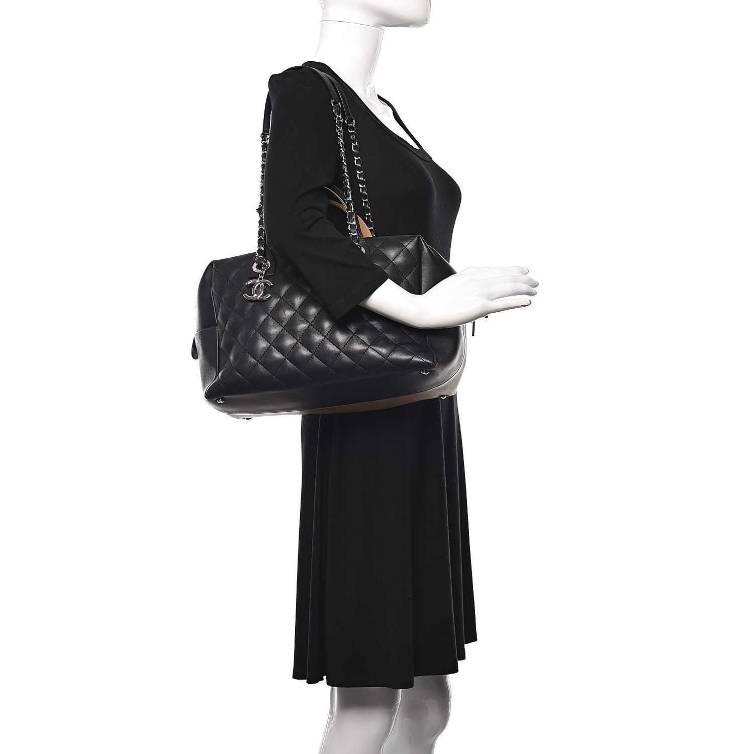 Chanel Calfskin Quilted Feather Weight Bowling Bag Black Beige 2 of 14