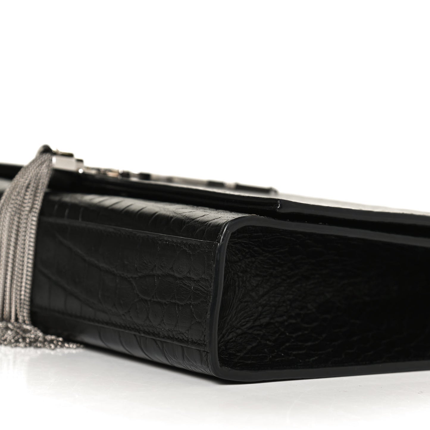 Calfskin Crocodile Embossed Medium Classic Monogram Kate Tassel Satchel Black
