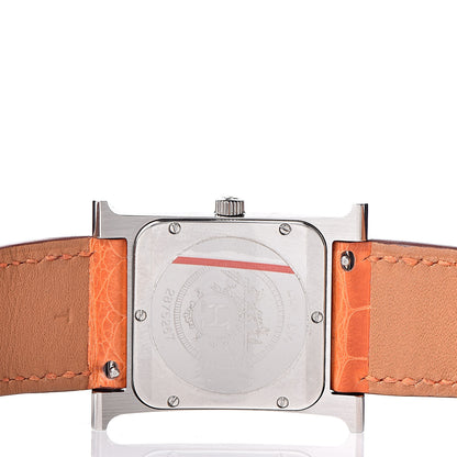 Hermes Stainless Steel Alligator Diamond Mother of Pearl 26mm Heure H Hour Quartz Watch Orange 5 of 8