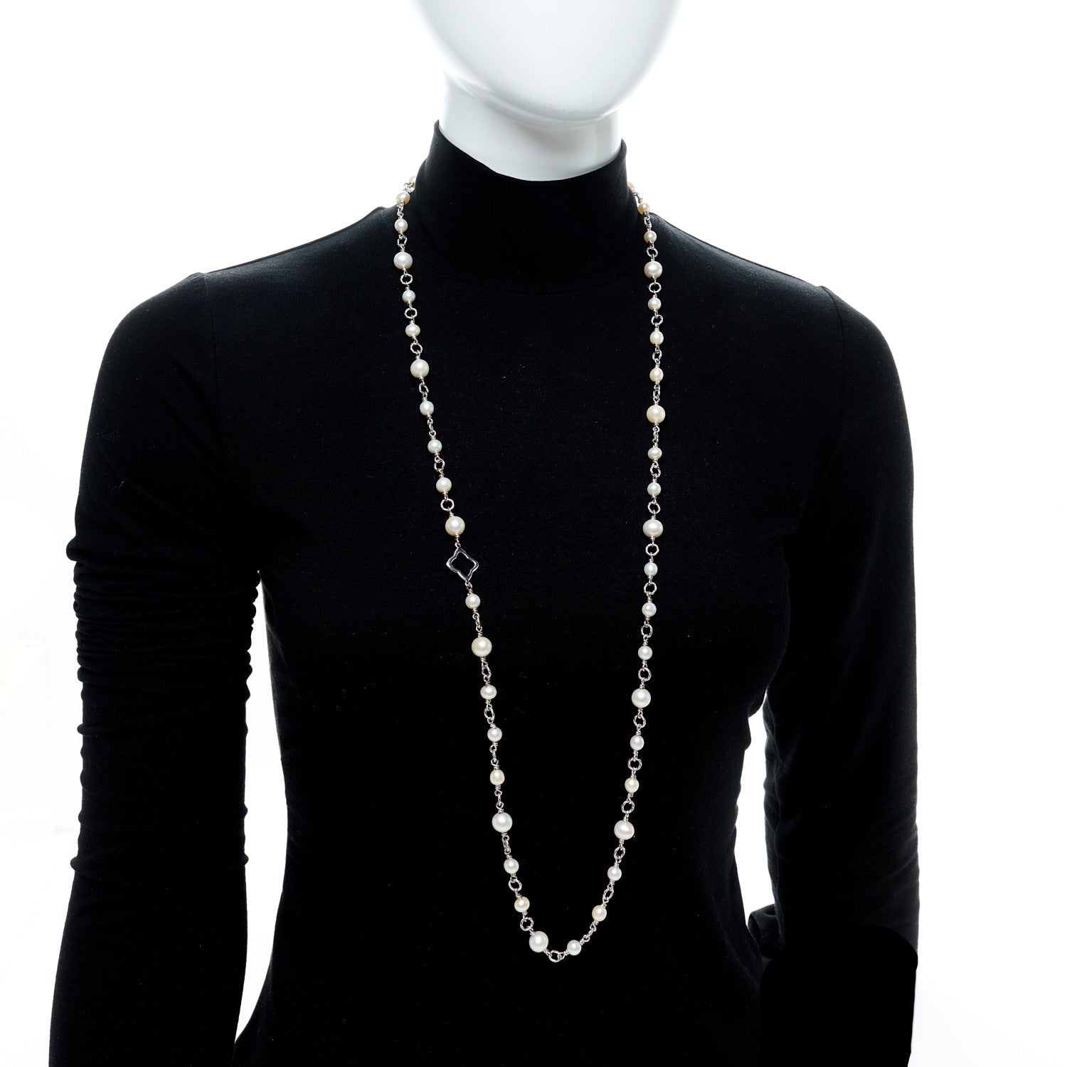 David Yurman Sterling Silver Cultured Pearl Quatrefoil Long Chain Necklace 2 of 5