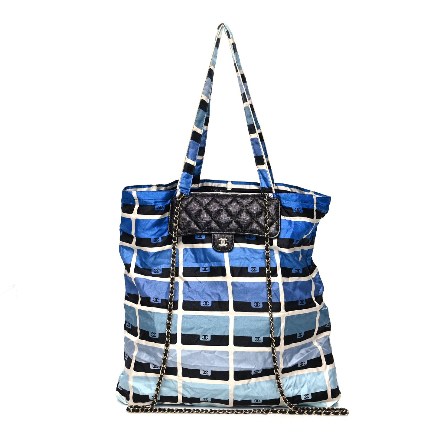 Caviar Fabric Quilted Foldable Tote With Chain Black Multicolor