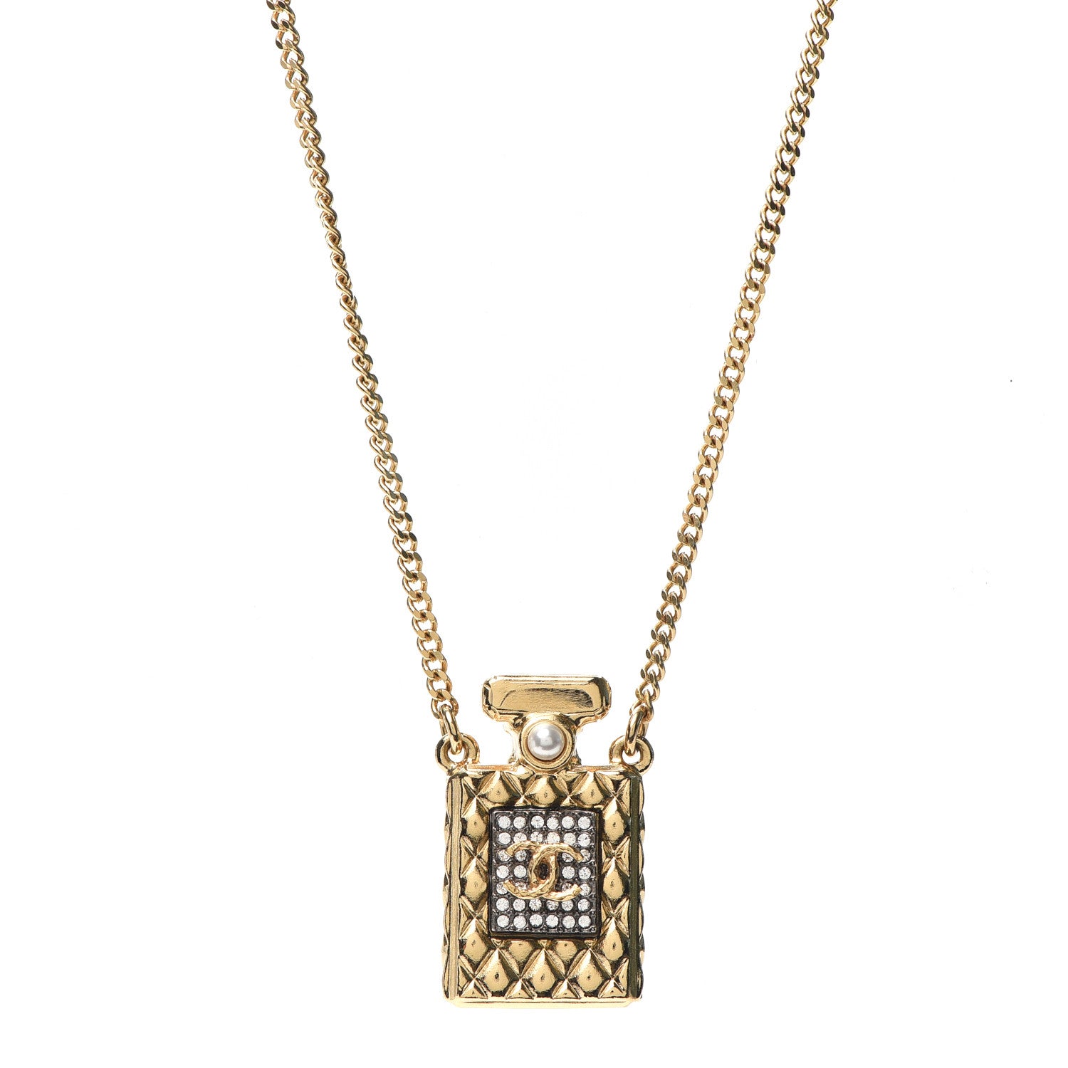 Chanel Crystal Pearl Perfume Bottle CC Necklace Black Gold 1 of 4