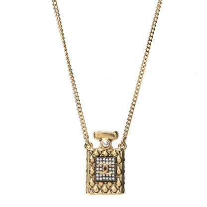 Chanel Crystal Pearl Perfume Bottle CC Necklace Black Gold 1 of 4