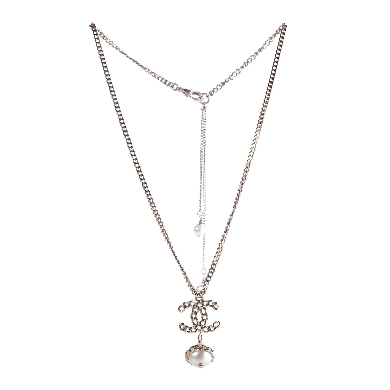 Chanel Chain CC Pearl Drop Necklace Gold 3 of 7