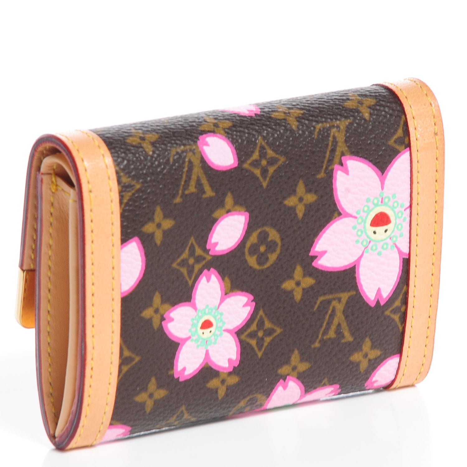 Louis Vuitton Monogram Cherry Blossom Porte-Monnaie Plat Coin Purse Brown 3 of 6