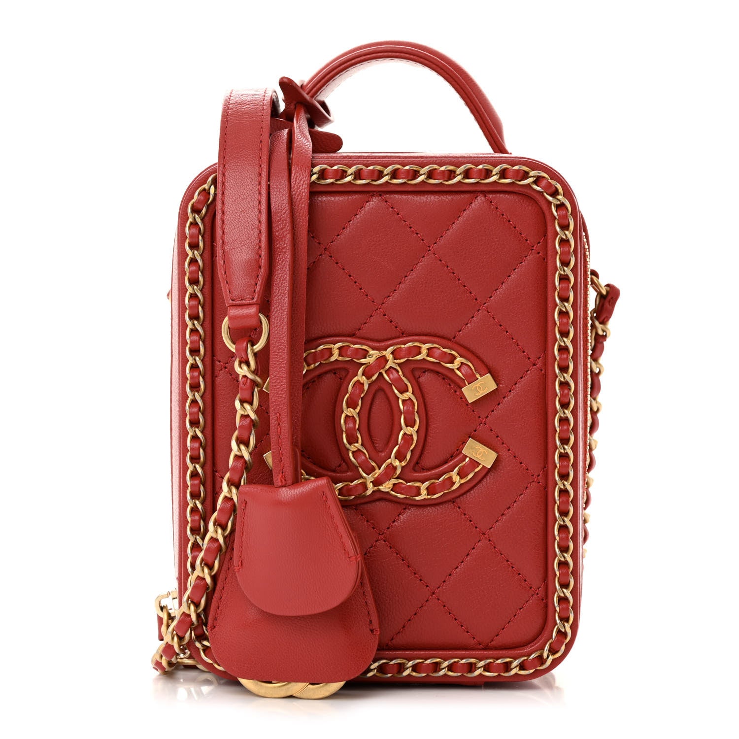 Chanel Goatskin Quilted Chain CC North South Filigree Vanity Case Red 1 of 11