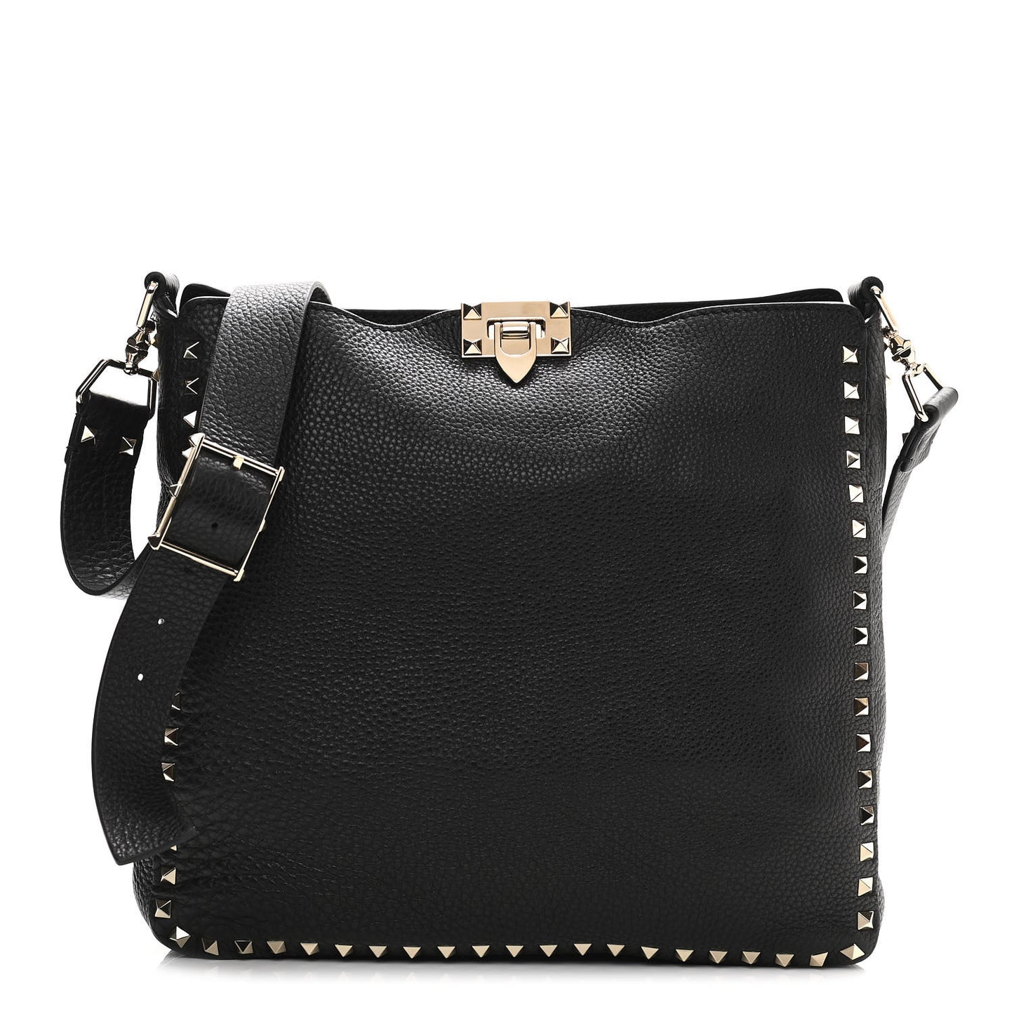 Pebbled Calfskin Large Rockstud Flip-Lock Messenger Bag Black