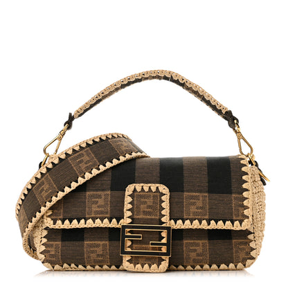 Fendi Fabric Jacquard Raffia Straw Pequin Gingham Woven Baguette Beige Black Natural 1 of 10