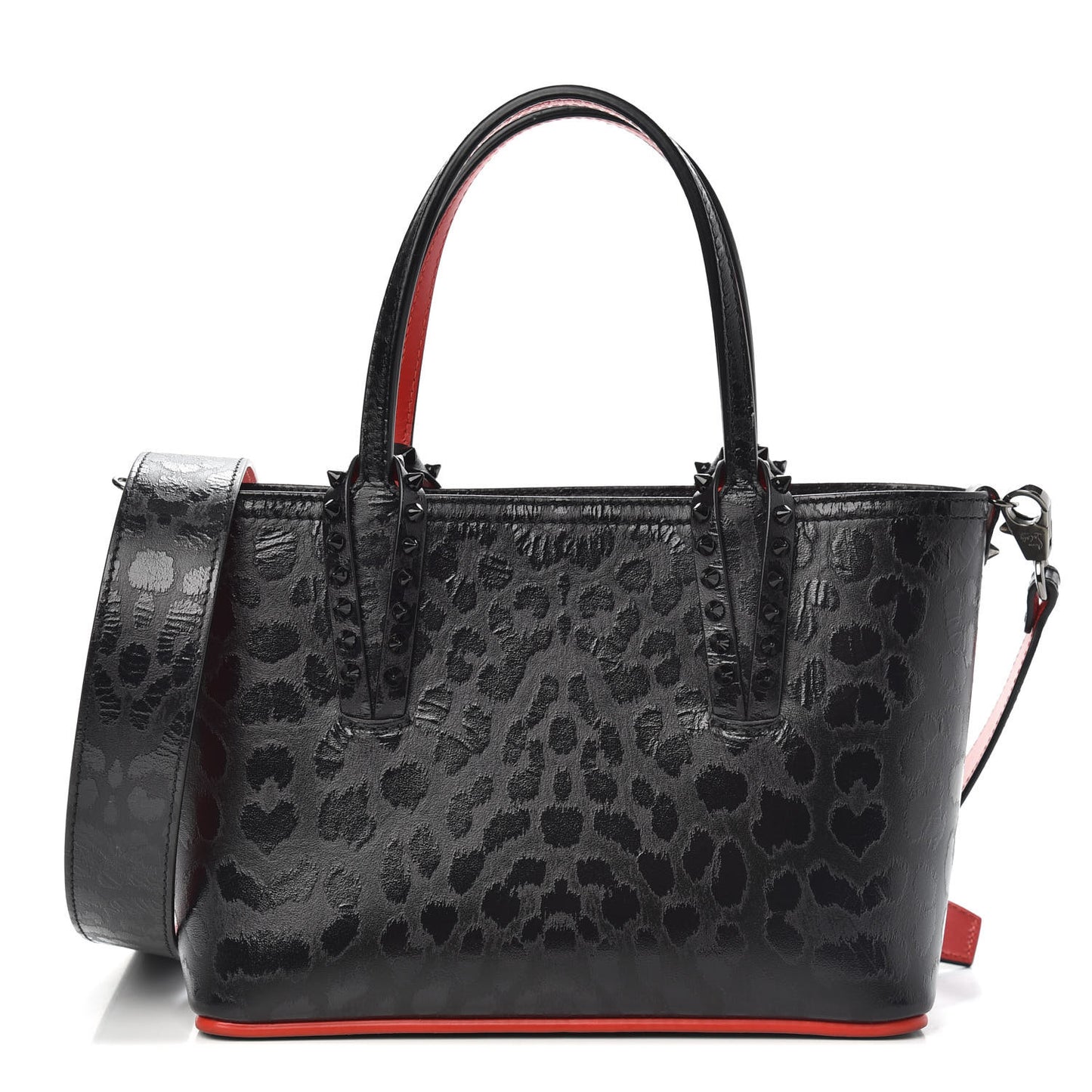 Patent Calfskin Leopard Print Spikes Mini East West Cabata Tote Black