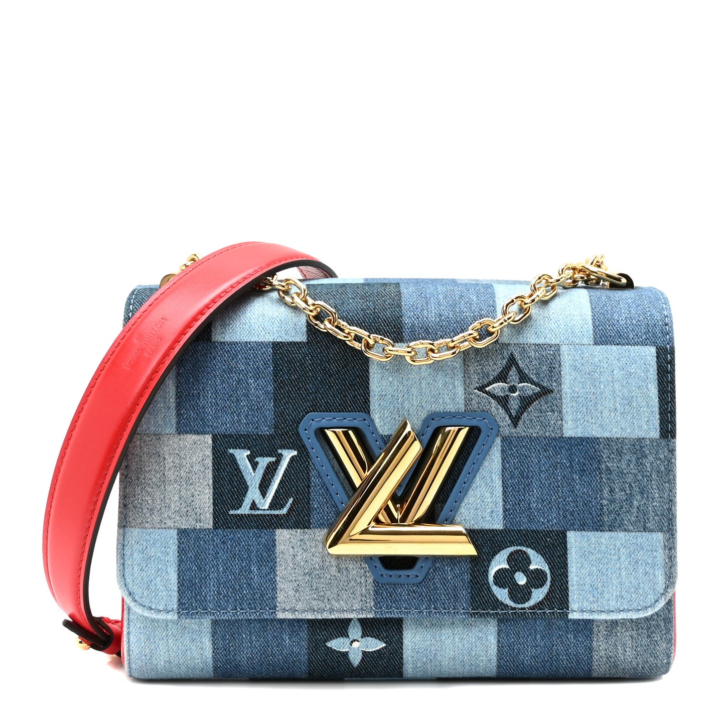 Denim Damier Monogram Twist Shoulder Bag MM Blue Rouge