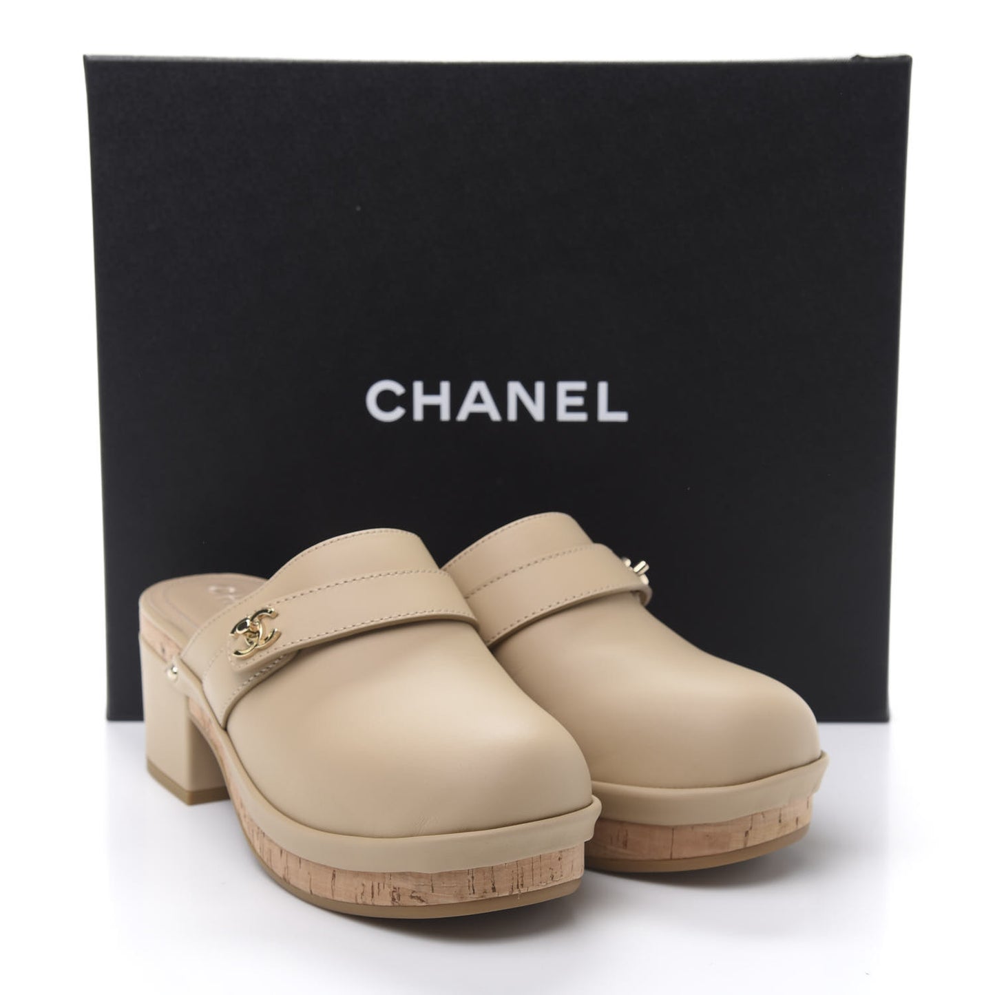 Calfskin CC Turn Lock Clogs 37 Beige