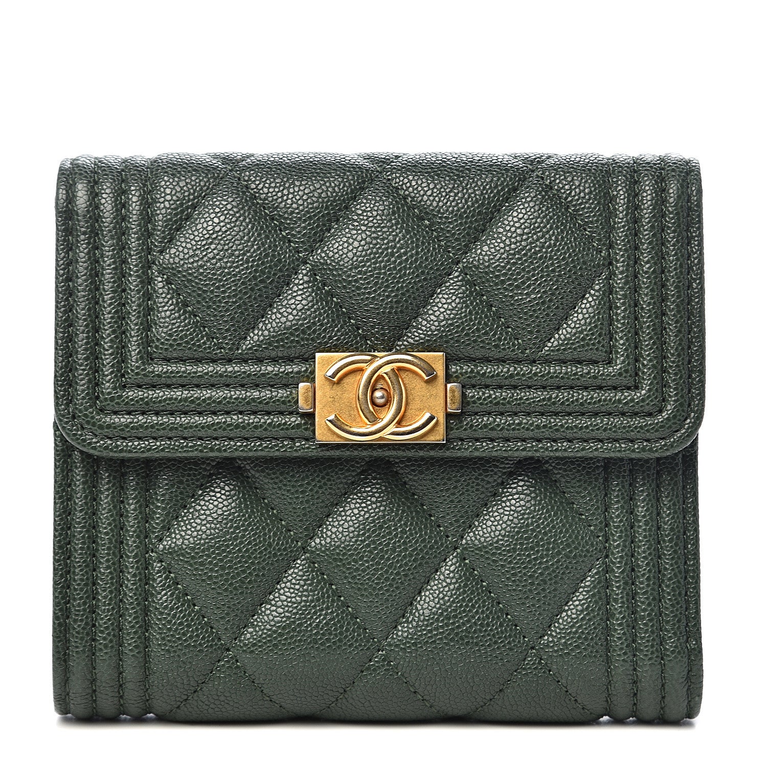 Chanel Caviar Quilted Compact Boy Wallet Green 1 of 8