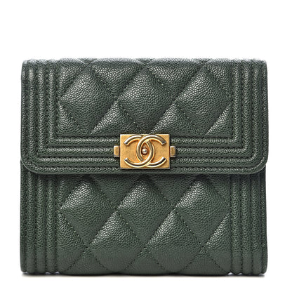 Chanel Caviar Quilted Compact Boy Wallet Green 1 of 8