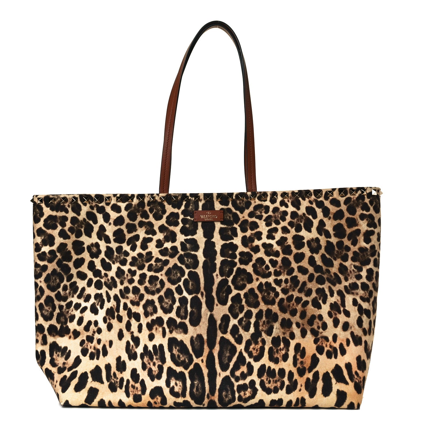 Valentino Garavani Canvas Nappa Leopard Print Rockstud Tote Brown 1 of 8