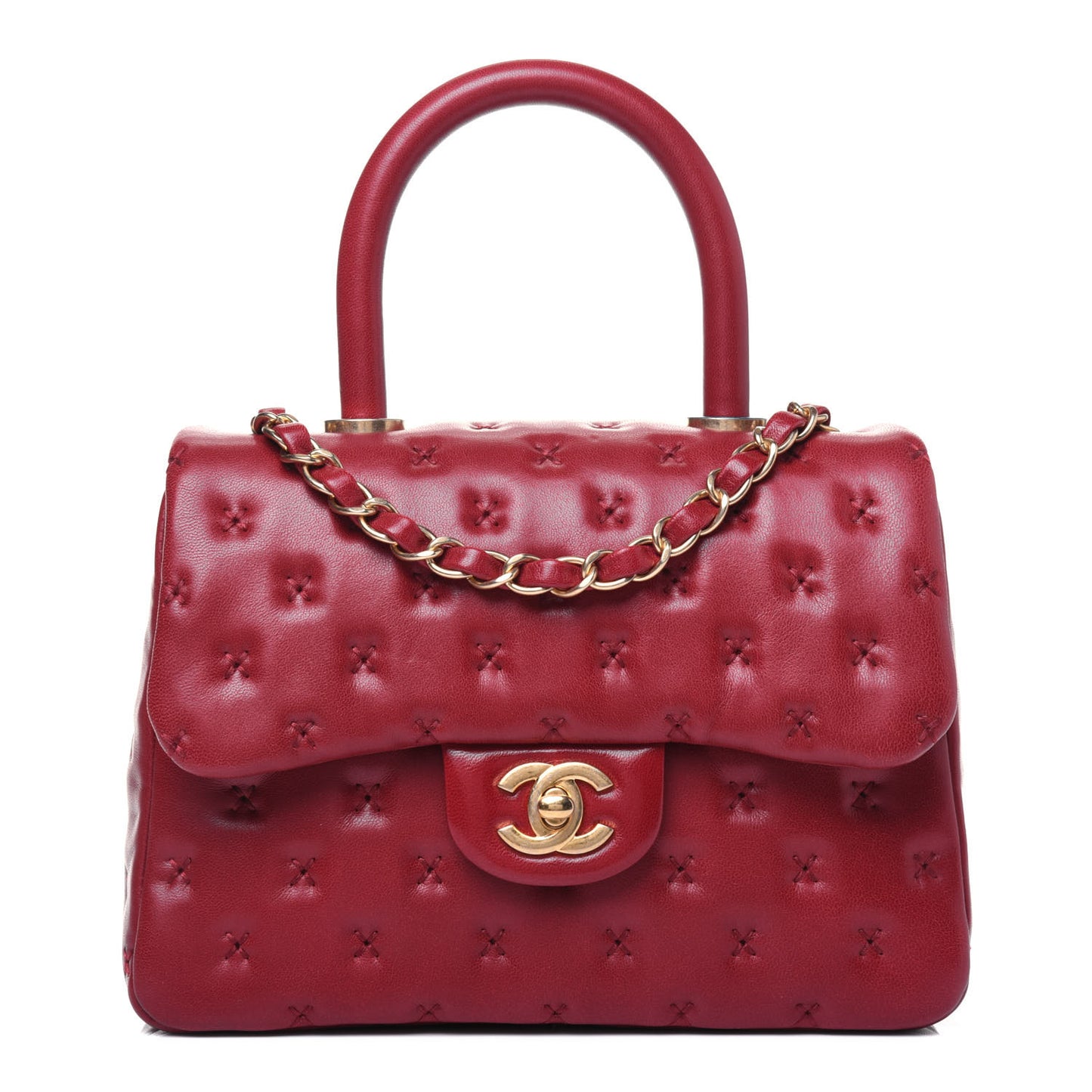 Lambskin Cross Stitch Mini Coco Handle Flap Red