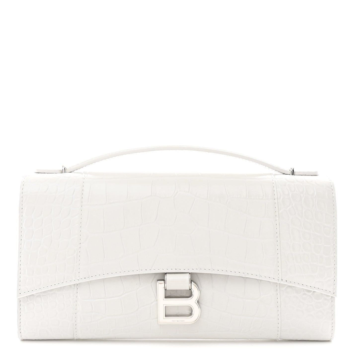 Shiny Calfskin Crocodile Embossed Top Handle Hourglass Clutch White