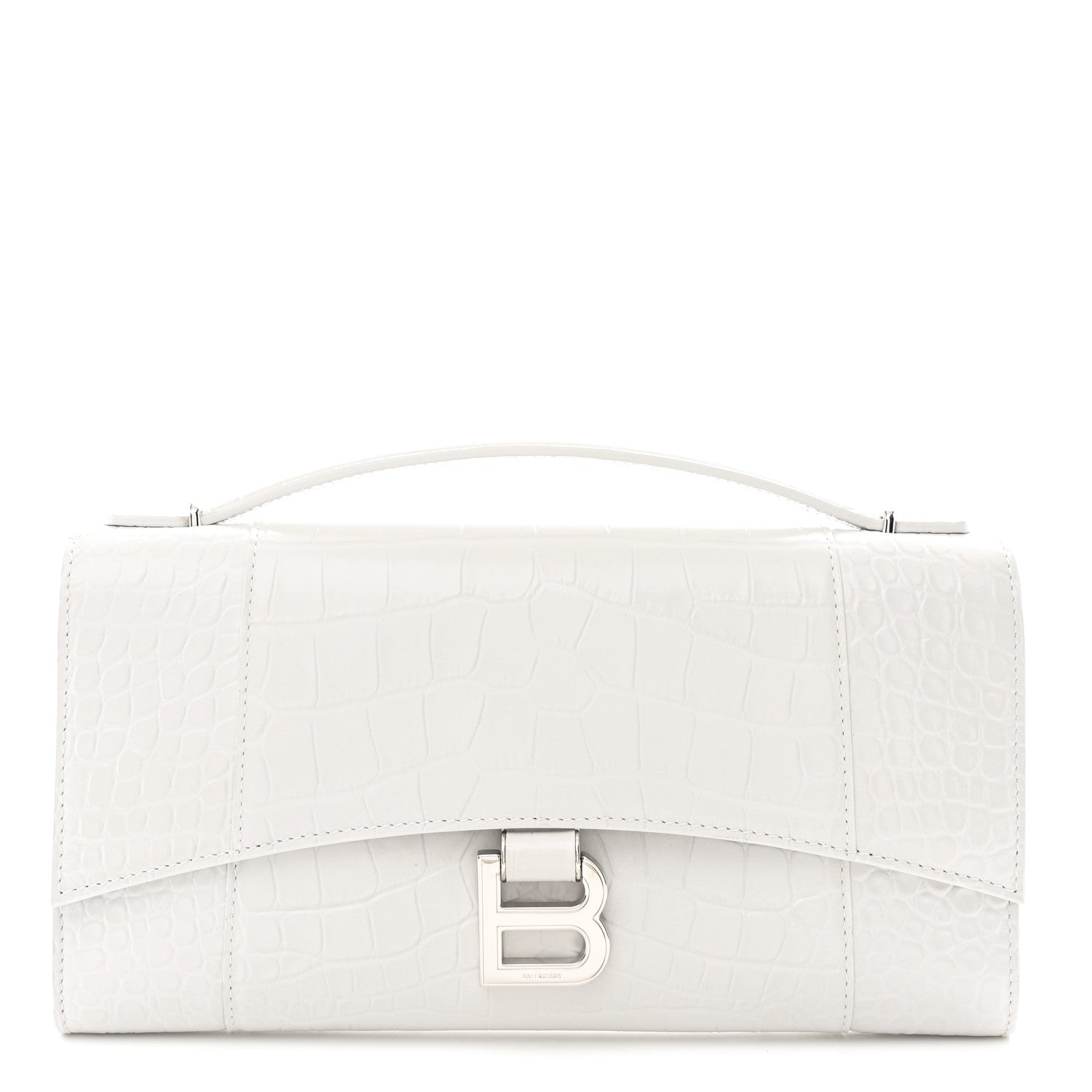 Balenciaga Shiny Calfskin Crocodile Embossed Top Handle Hourglass Clutch White 1 of 9