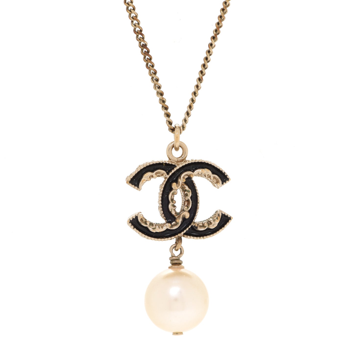 Enamel Pearl CC Baroque Drop Necklace Black Gold