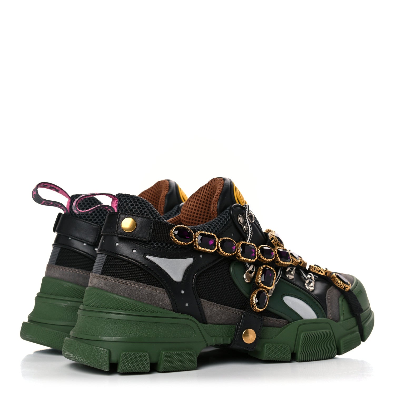 Gucci X SEGA Mesh Suede Calfskin Removable Crystals Mens Flashtrek Sneakers 8.5 Loess Black Olive Green 4 of 13