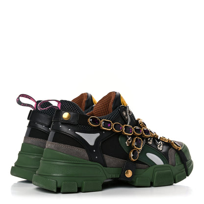 Gucci X SEGA Mesh Suede Calfskin Removable Crystals Mens Flashtrek Sneakers 8.5 Loess Black Olive Green 4 of 13