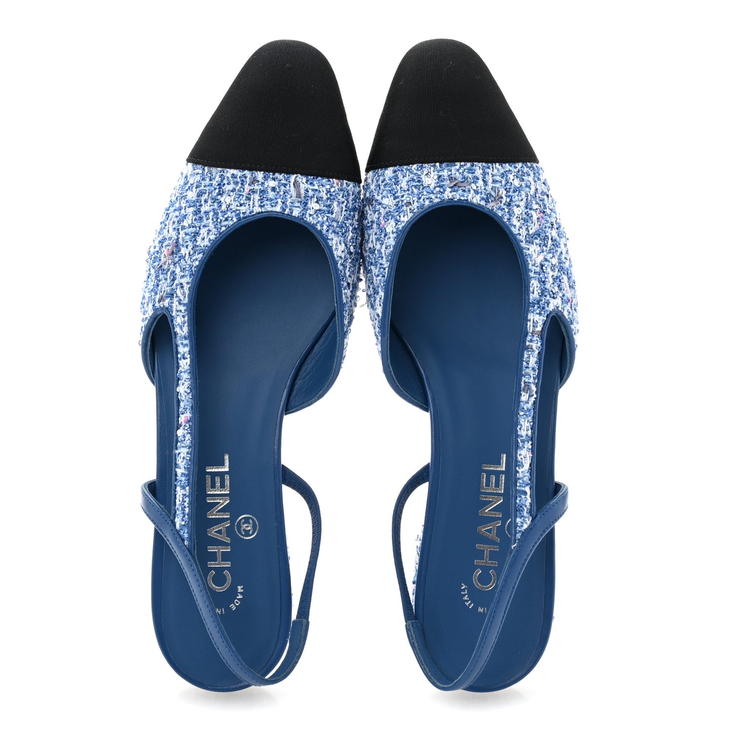 Tweed Grosgrain Cap Toe Slingback Flats 39.5 Blue White Black