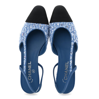 Chanel Tweed Grosgrain Cap Toe Slingback Flats 39.5 Blue White Black 2 of 10