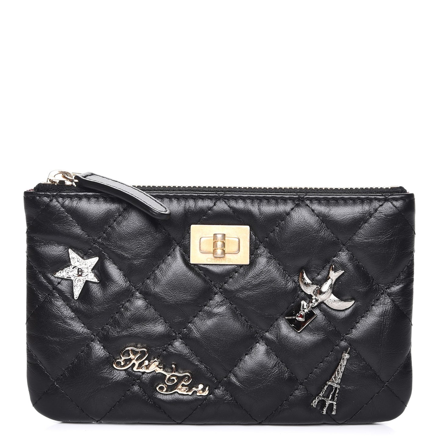 Aged Calfskin Quilted Small Lucky Charms Cosmetic Case Black