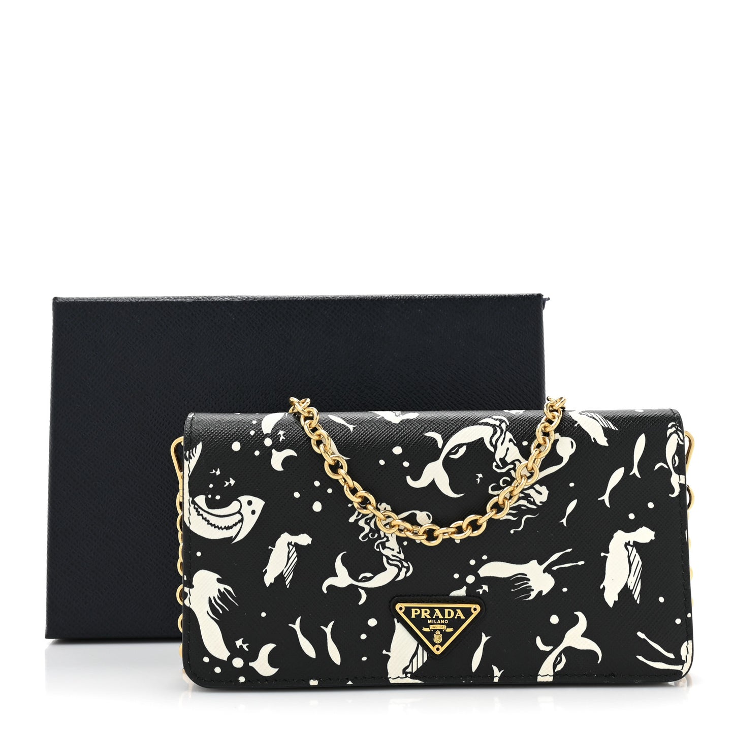 Saffiano Triangle Logo Mermaid Print Mini Crossbody Bag Black
