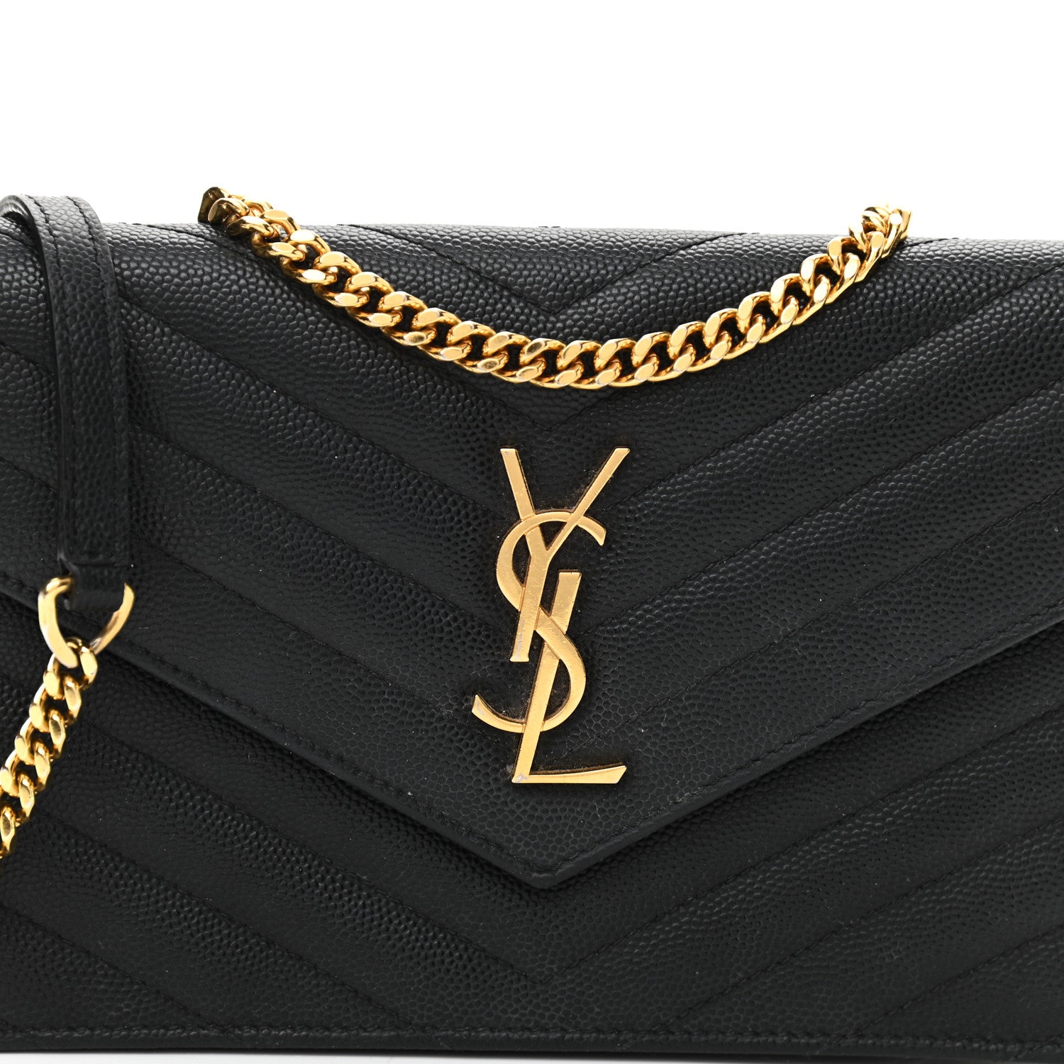 Saint Laurent Grain De Poudre Matelasse Chevron Monogram Chain Wallet Black 7 of 9