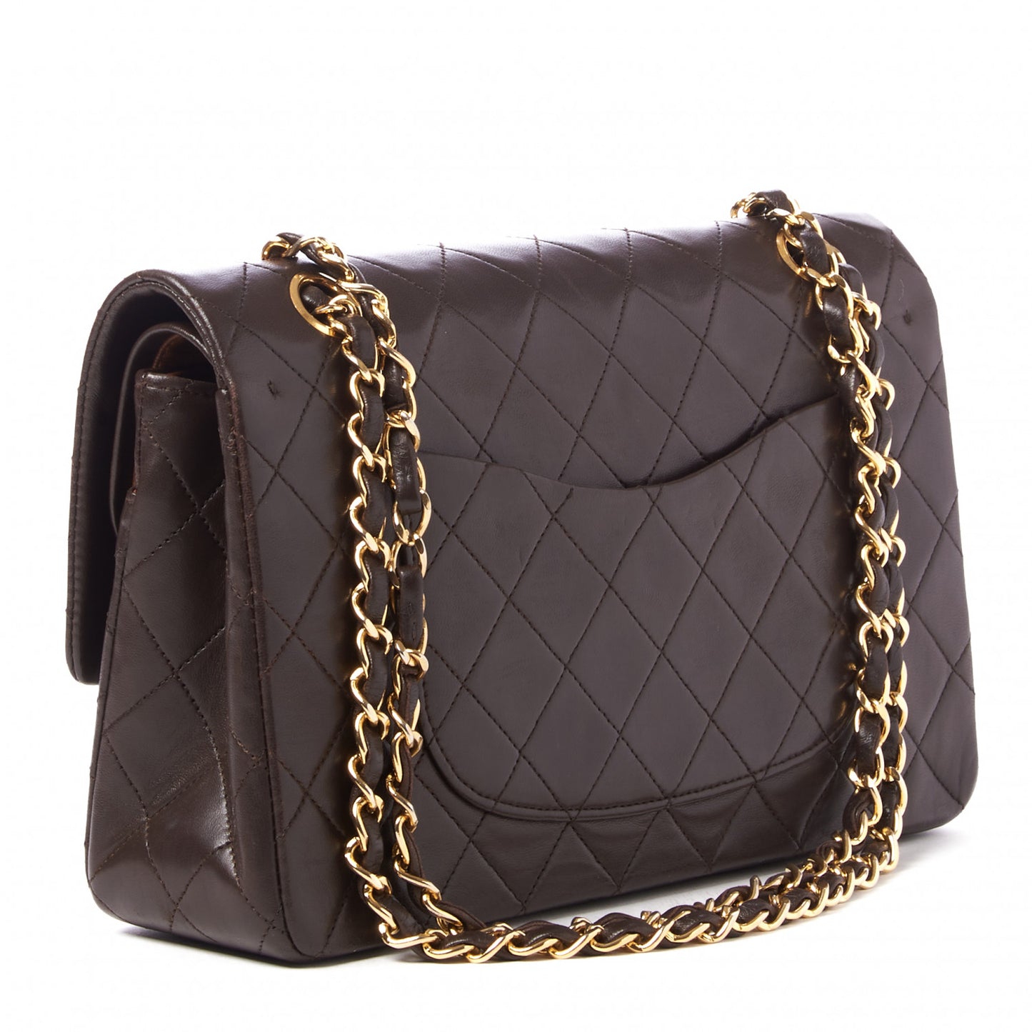 Lambskin Quilted Medium Double Flap Dark Brown