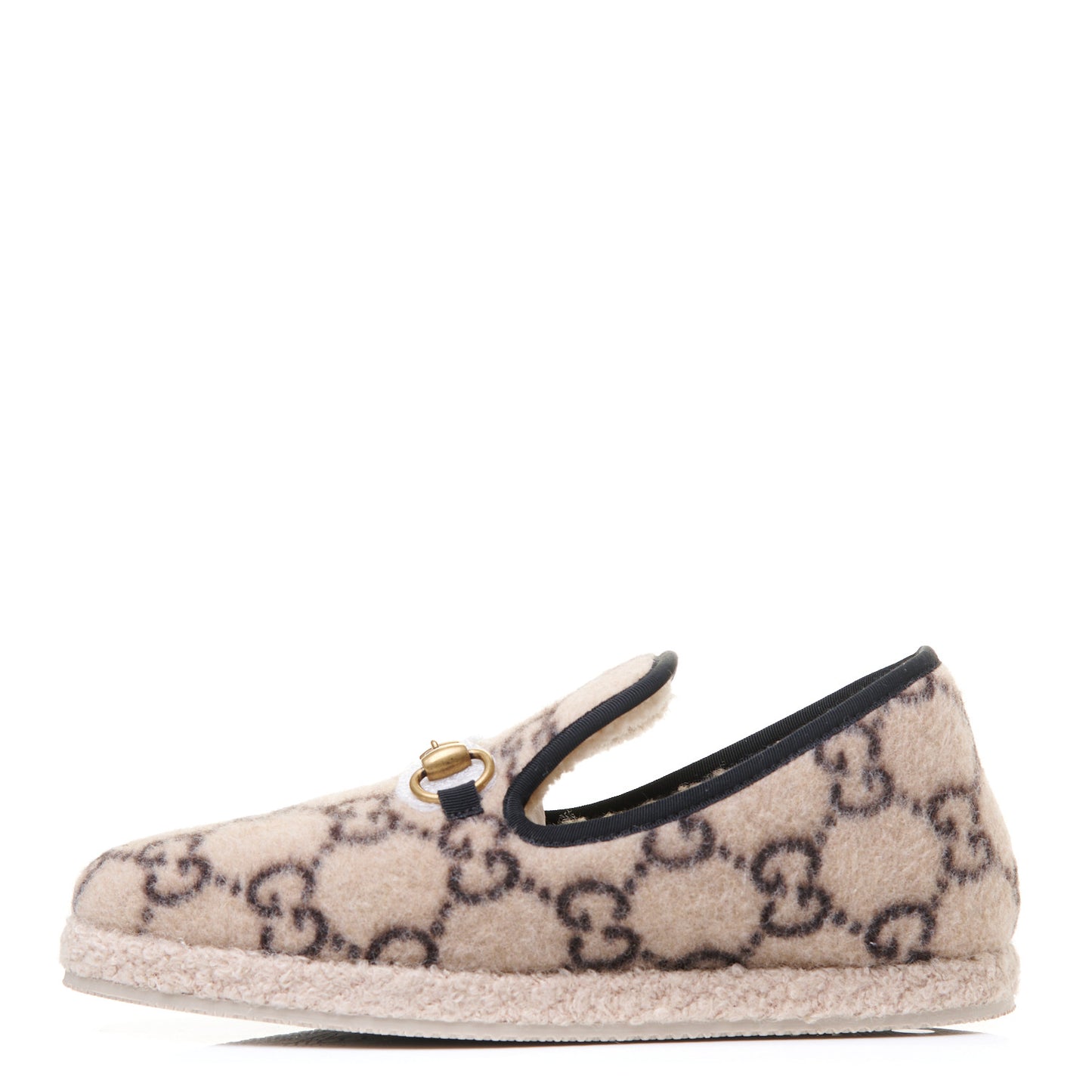 Covered Wool GG Monogram Womens Fria Horsebit Loafers 37.5 Beige Ebony Black Butterscotch