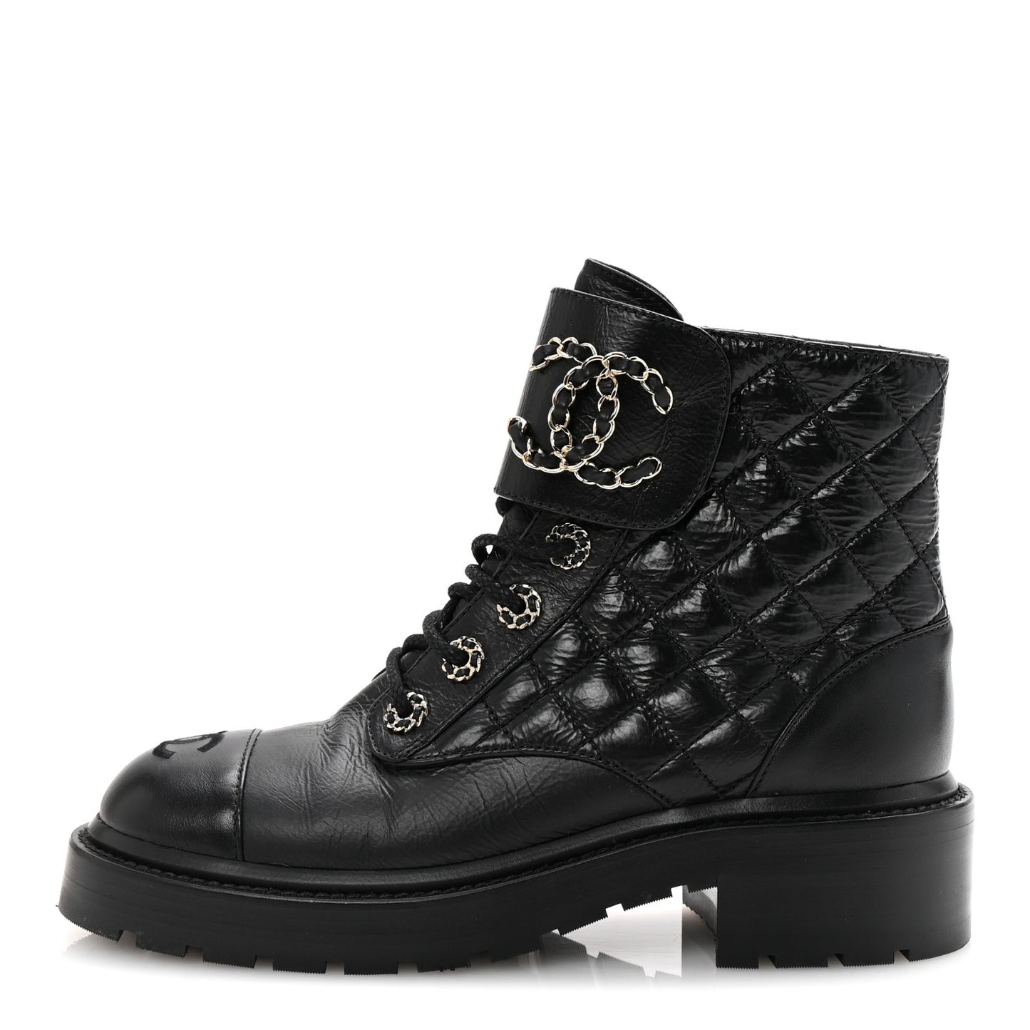 Shiny Goatskin Calfskin Quilted Lace Up Combat Boots 36.5 Black
