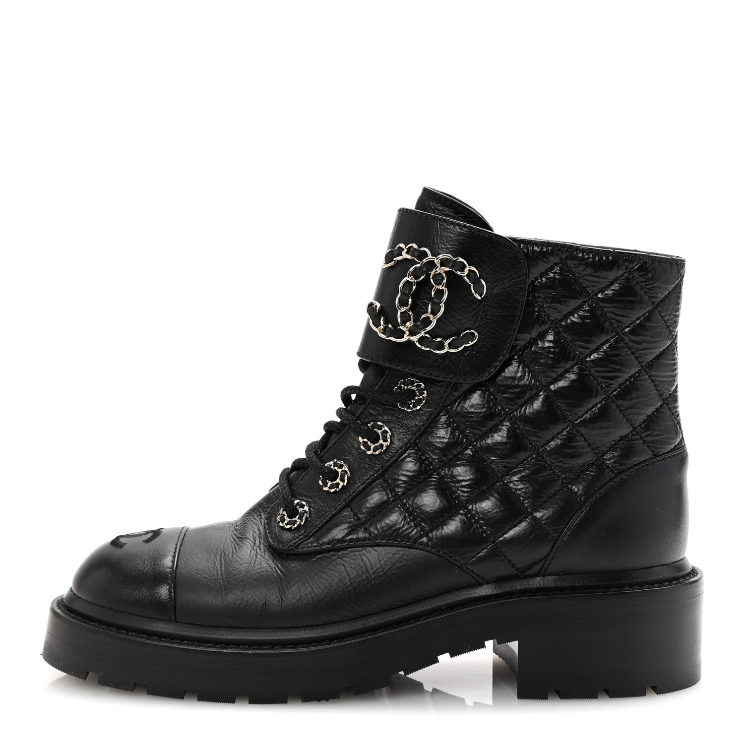 Chanel Shiny Goatskin Calfskin Quilted Lace Up Combat Boots 36.5 Black 1 of 10