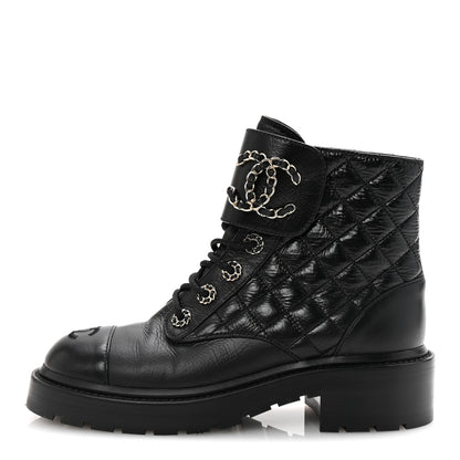 Chanel Shiny Goatskin Calfskin Quilted Lace Up Combat Boots 36.5 Black 1 of 10
