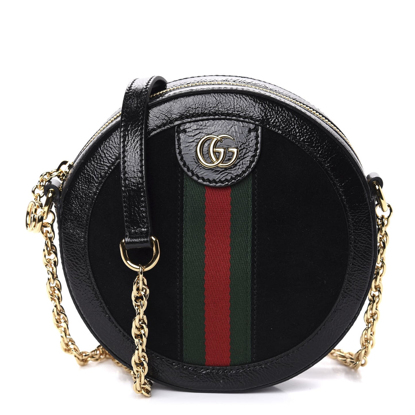 Suede Patent Web Mini Ophidia Round Shoulder Bag Black