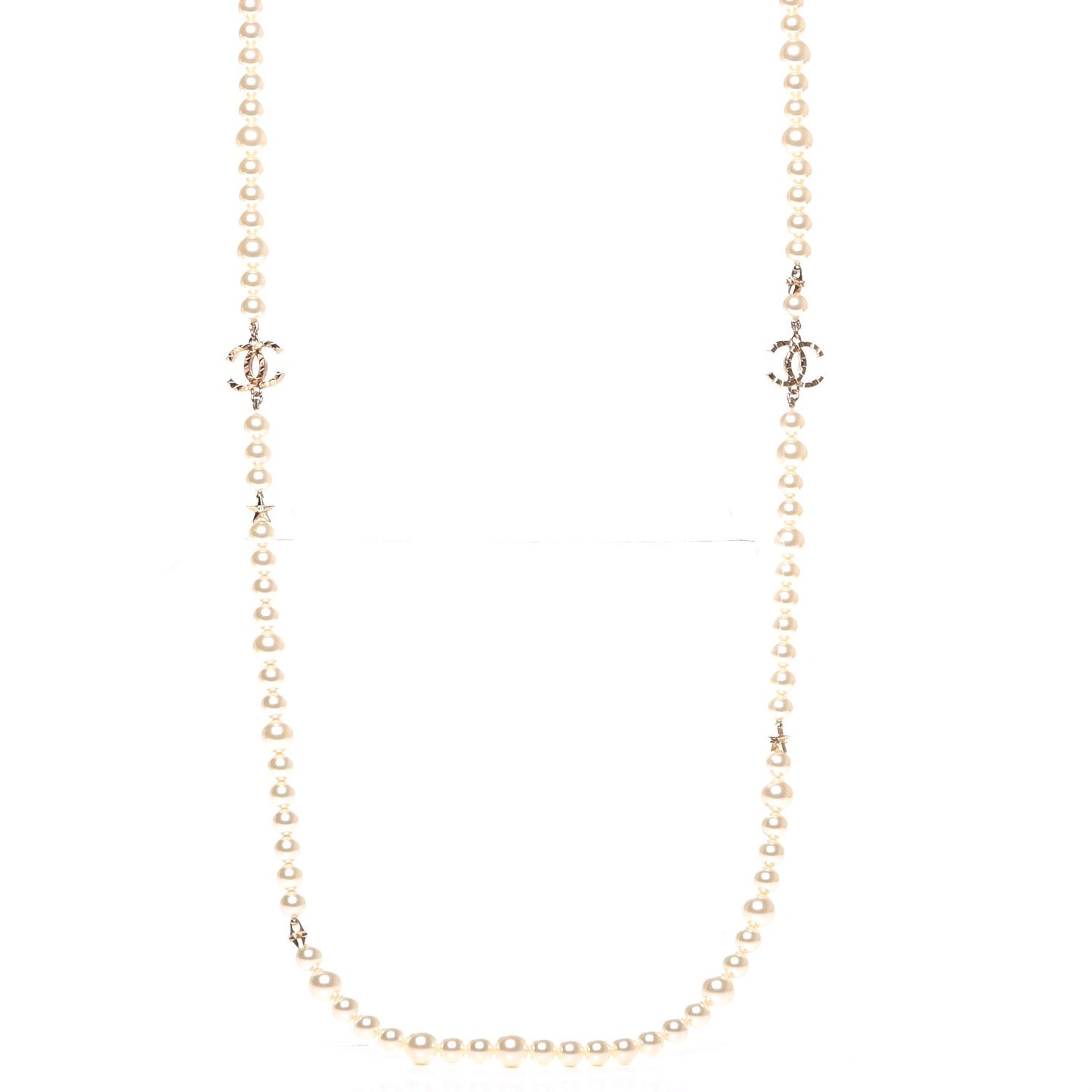 Graduated Pearl Studded CC Star Long Necklace Gold