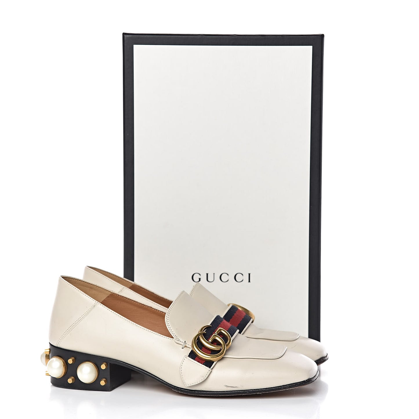 Betis Glamour Calfskin Web Pearl Embellished Peyton 35mm Loafer Pumps 36.5 Mystic White