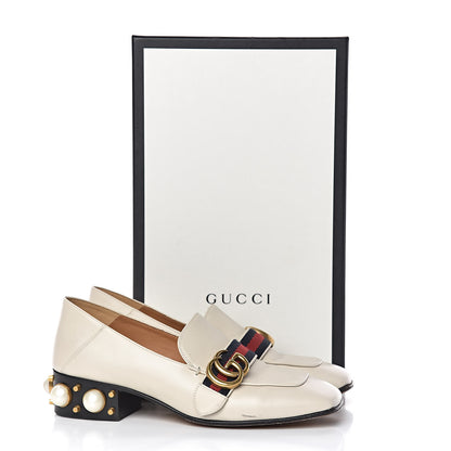 Gucci Betis Glamour Calfskin Web Pearl Embellished Peyton 35mm Loafer Pumps 36.5 Mystic White 16 of 16